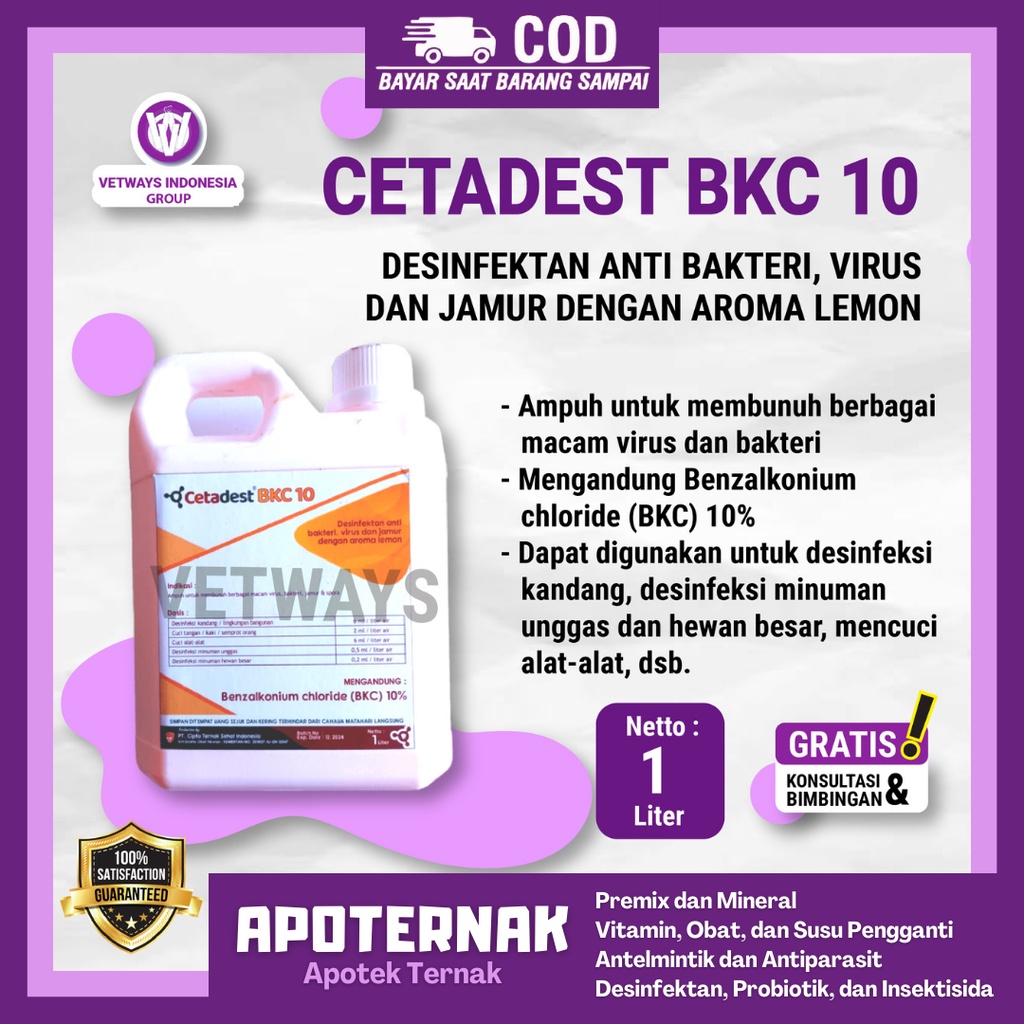 CETADEST BKC 10 | Desinfektan Kandang Alat Lingkungan Minum Anti Bakteri Virus dan Jamur Aroma Lemon | 1 Liter | Apoternak