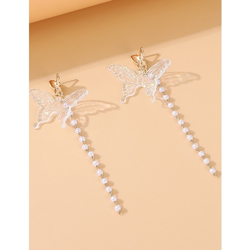 LRC Anting Tusuk Fashion White Butterfly Pearl Alloy Tassel Stud Earrings Y64502