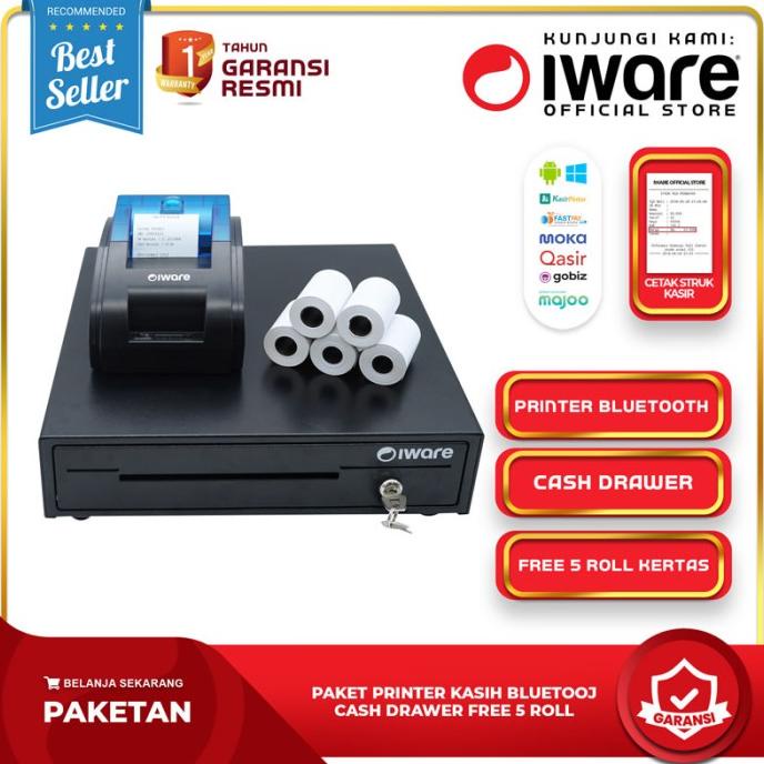 

Paket Kasir Android, Printer Bluetooth, Cash Drawer Free Kertas 5 Roll