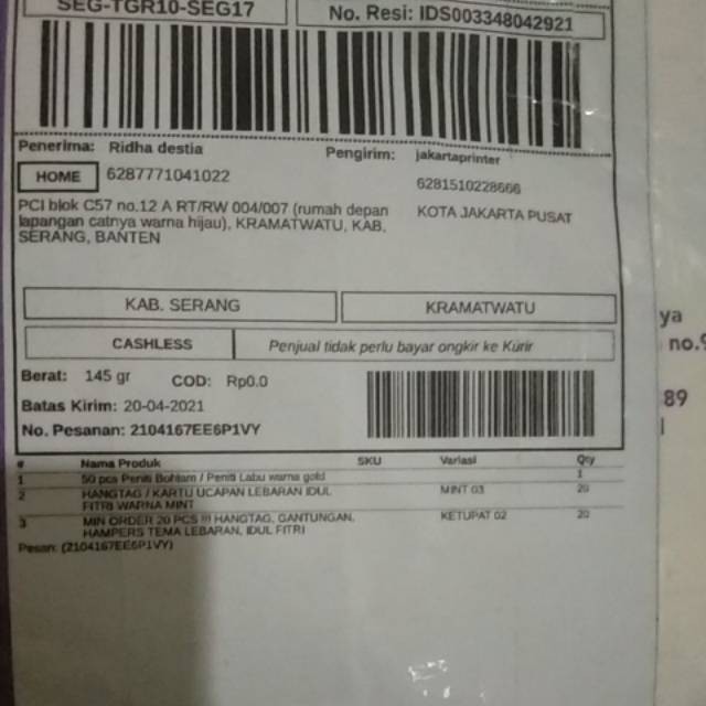 Hangtag / Kartu Ucapan Lebaran Idul Fitri Warna Mint