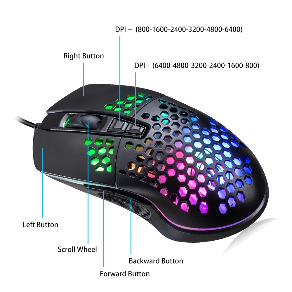 Mouse Kabel Terang Untuk Gaming Honeycomb Mouse Hollow Hole Bright Wired Mouse Mouse Mouse Gamer Optik Dengan LED RGB