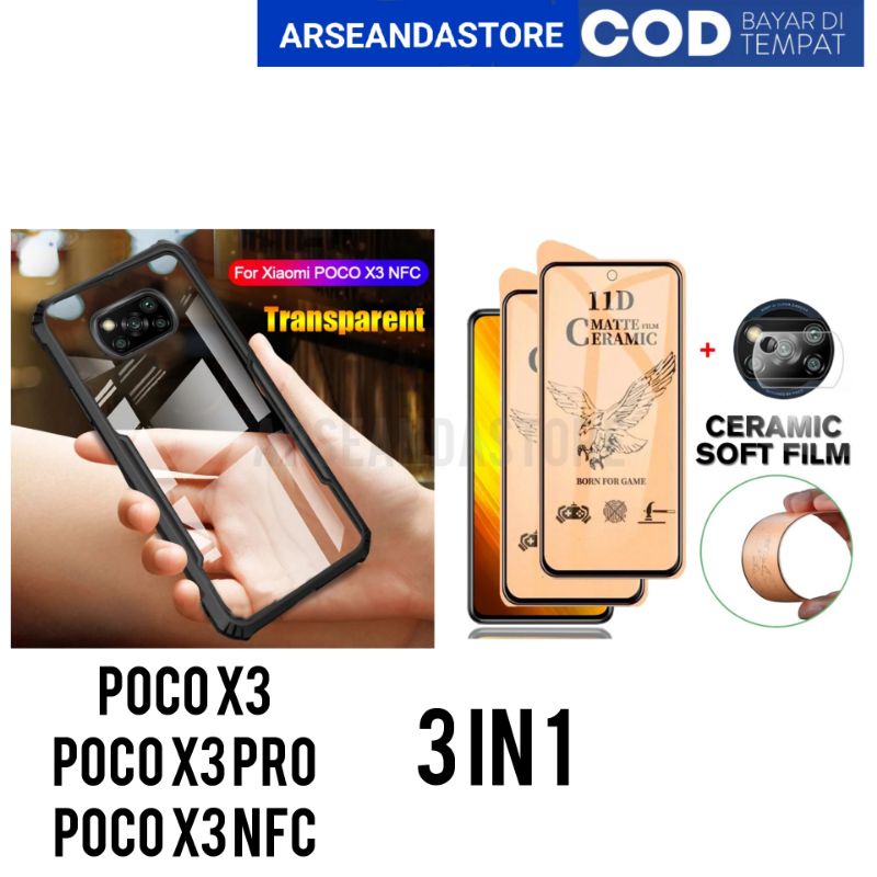 PAKET 3 IN 1 CASE SPIGEN FUSION + TEMPRED GLASS CERAMIC MATTE + ANTI GORES KAMERA POCO X3 POCO X3 NF