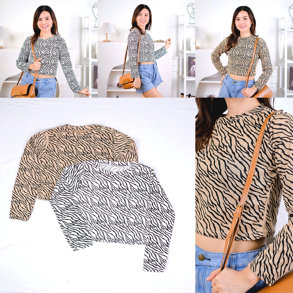 Tq88indonesia Fashion Baju Atasan Wanita Lengan Panjang Crop BLASTER ZEBRA RIB / Busana Santai Cewek / Ootd / Outfit / Outfit