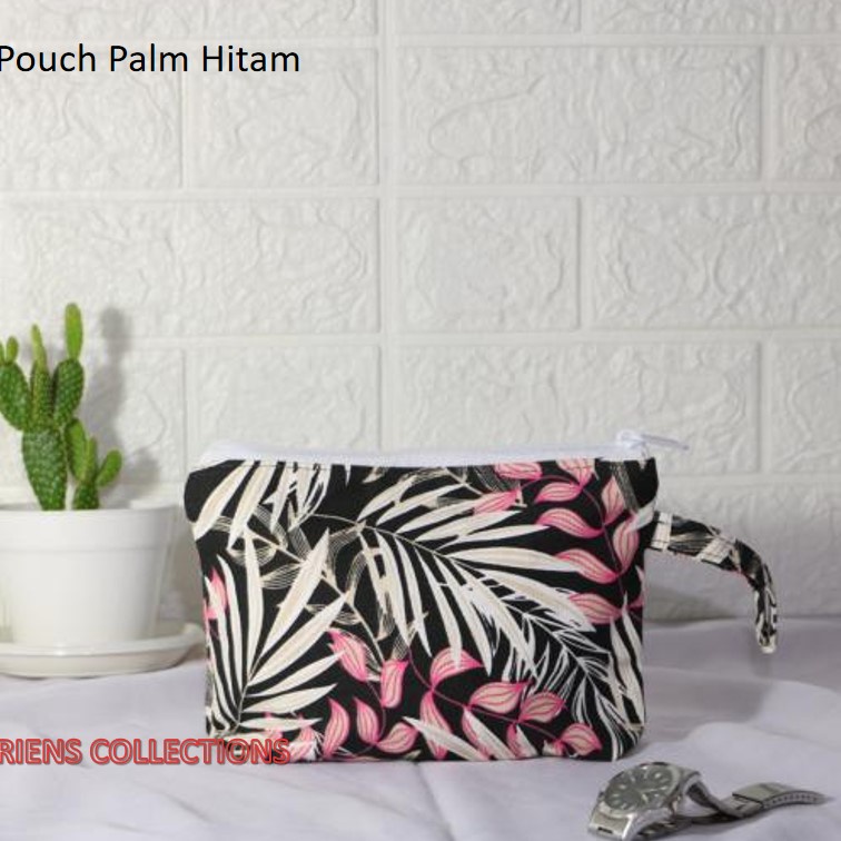 DOMPET KANVAS POUCH KANVAS MOTIF FLORAL PALM HITAM BUNGA PINK. Riens Collections