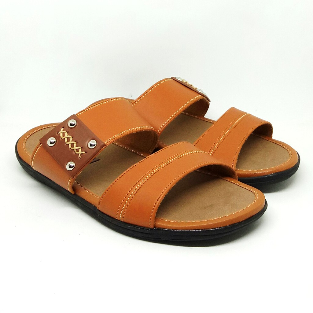 FIURI - Sandal Double Slip On Tan - Sandal Murah Pria - Sandal Casual - Sandal Pria Kulit