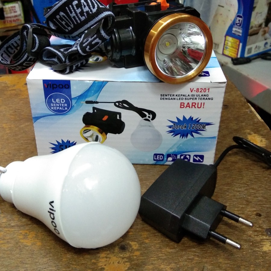 senter kepala led Vippo 5 watt V-8201 cahaya putih super terang