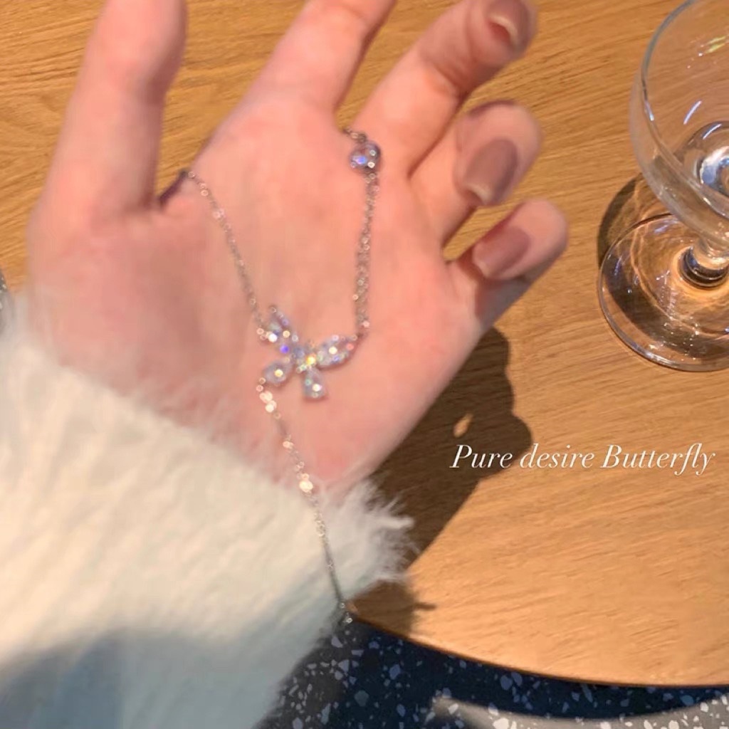 Kalung Rantai Choker Liontin Kristal Rumbai Warna Silver Untuk Wanita