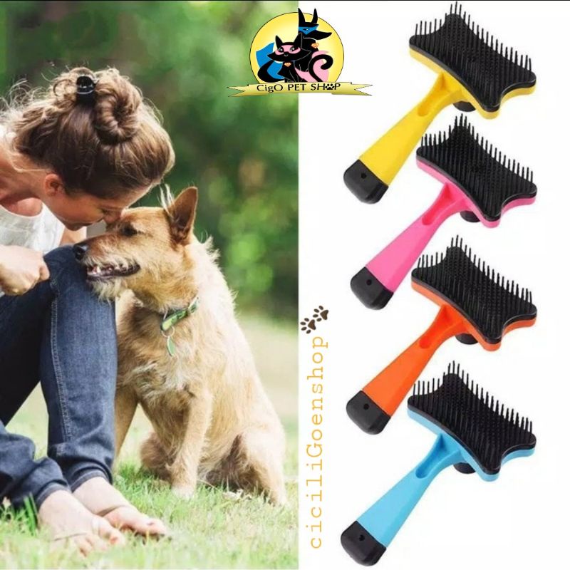 Sisir sikat bulu dg tombol pembersih grooming Hair Pet Brush with button anjing kucing comb mandi