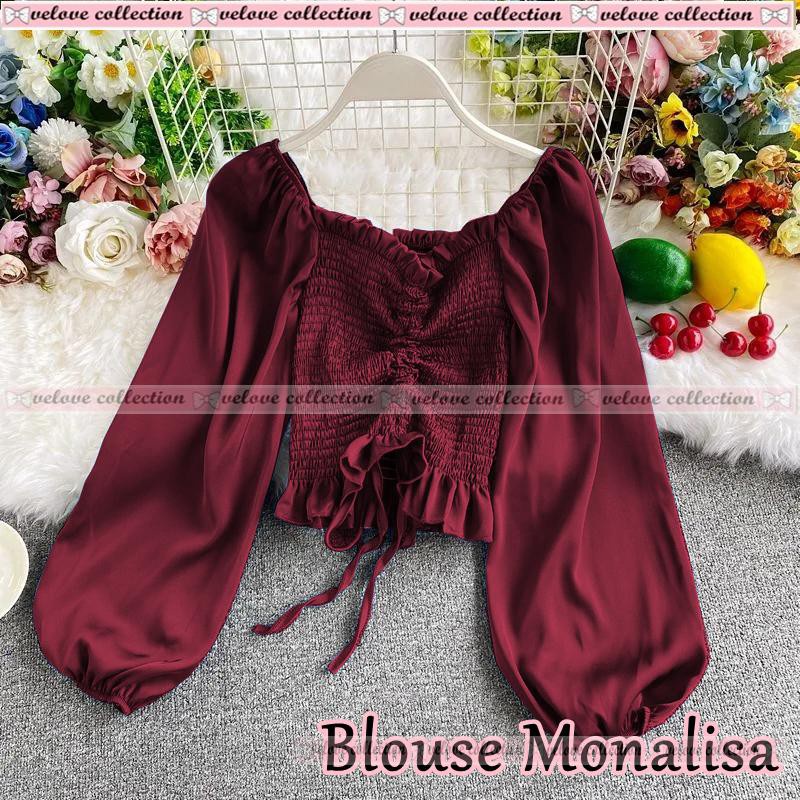 K136 Top Blouse Sabrina Model Serut Fashion Korea Baju Atasan Wanita Bahan Twiscone Ukuran All Size
