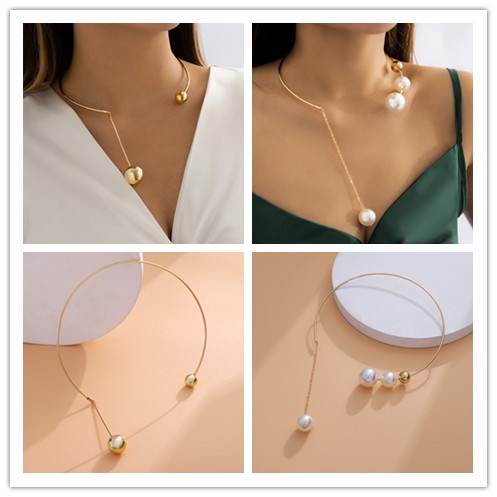 Kalung Rantai Klavikula Liontin Mutiara Geometris Gaya retro Untuk Wanita