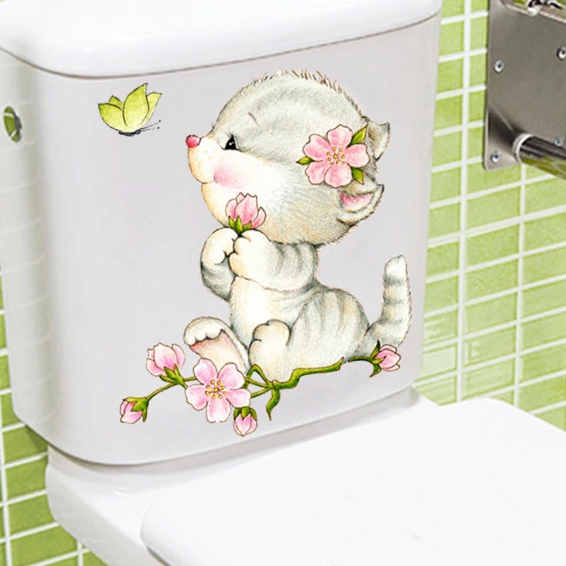 Poster Wallpaper Kitten Toilet Seat Sangat Lucu Kartun Kamar Mandi Stiker Dinding Ruang Tamu Rumah Mural Stiker Decals Dekorasi Art Decals