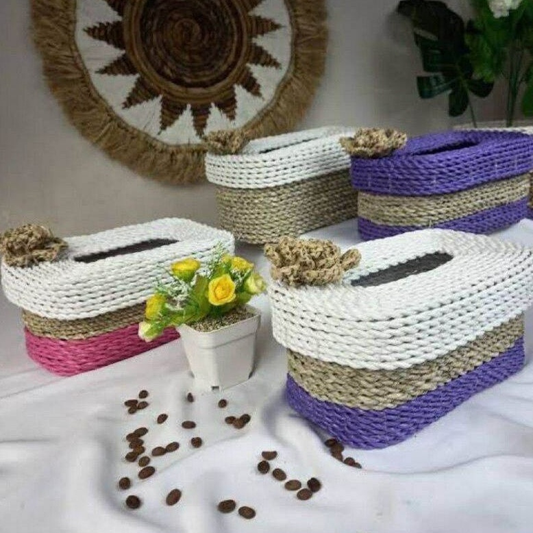 Kotak Tisu Estetik Kayu Seagrass Unik | Kotak Tissue Seagrass Plastik TV Mobil Murah
