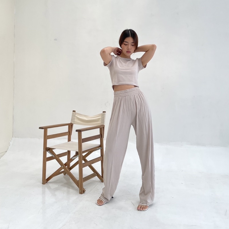 GEMMA SET | Setelan Wanita Ribbed Knit Set Crop Top Lengan Celana Panjang Highwaist Highwaisted Pants