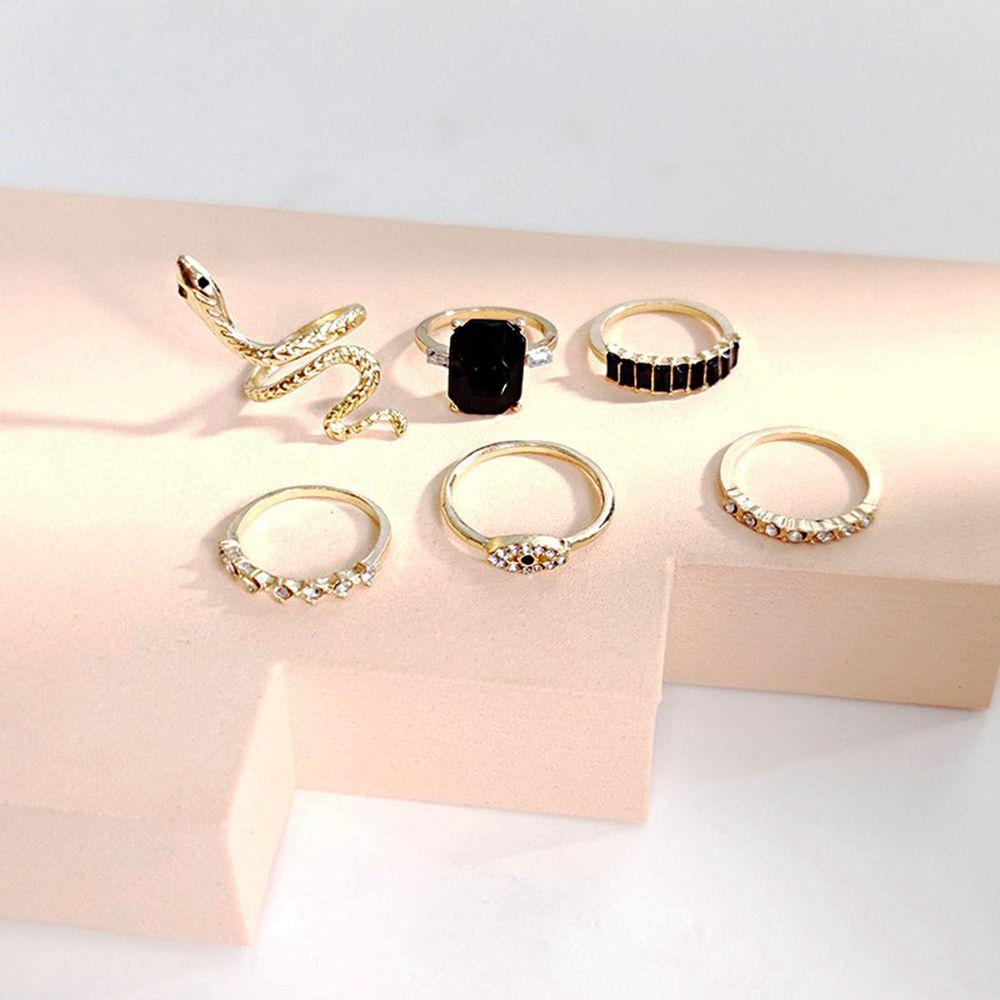 Quinton Snake Ring set 6pcs/set Geometris Dapat Disesuaikan Untuk Unisex Zamrud Zirkon Buku Jari Cincin Kepribadian Berlian Imitasi Kristal Gaya Korea Jari Cincin