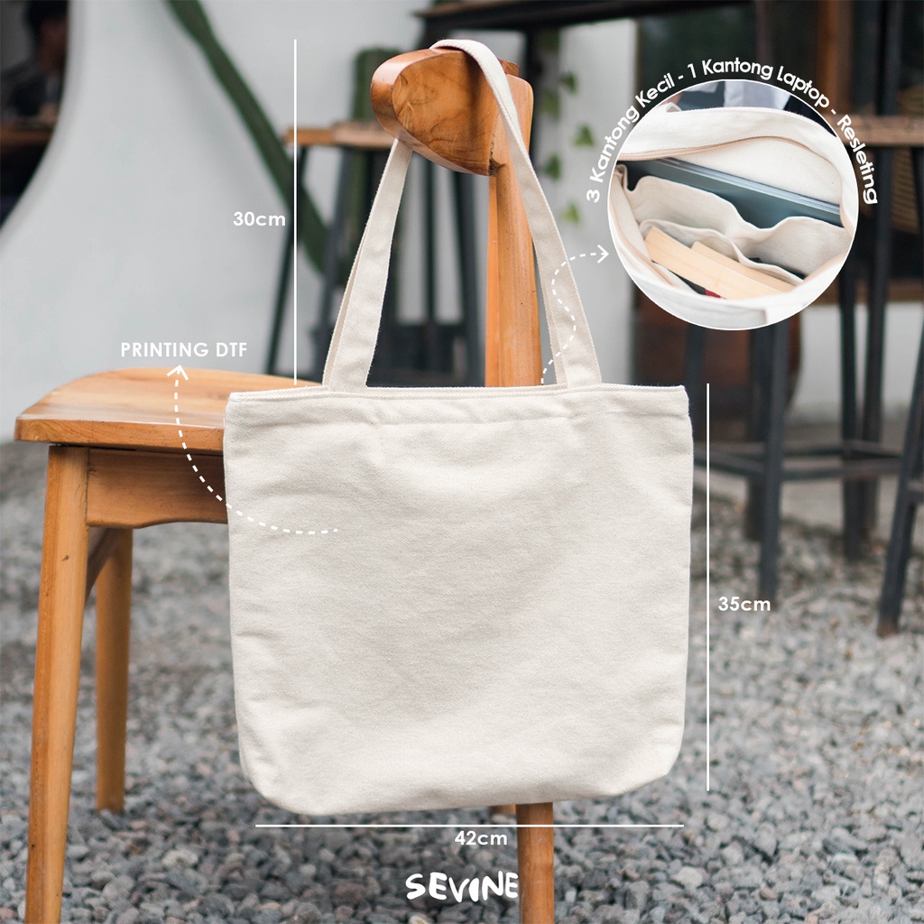 Sevine Tote Bag Kanvas Emily Kantong Polos Sekat Vintage - Inner Pocket Resleting Polos