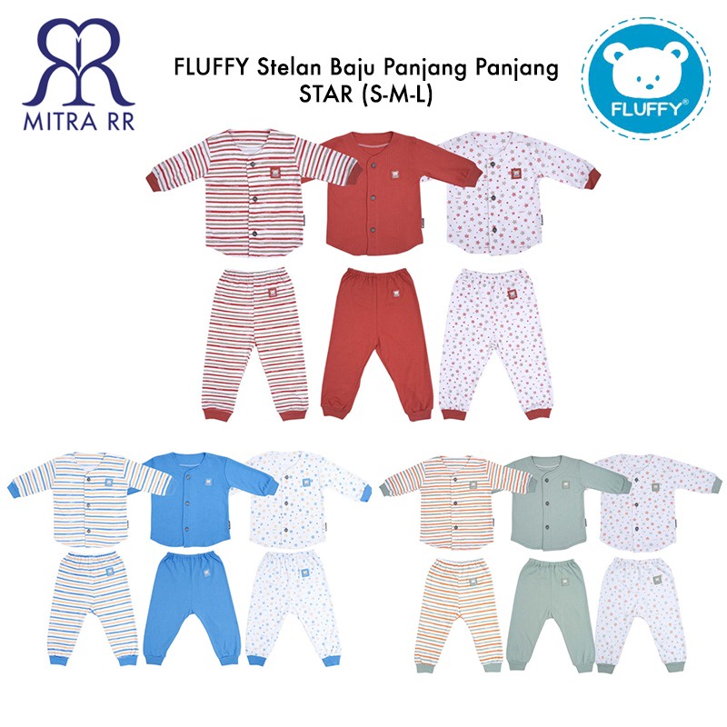 FLUFFY Stelan Baju Panjang Celana Panjang STAR S M L (3-12 bulan) Setelan Baju Tidur Anak Bayi 3 Pasang