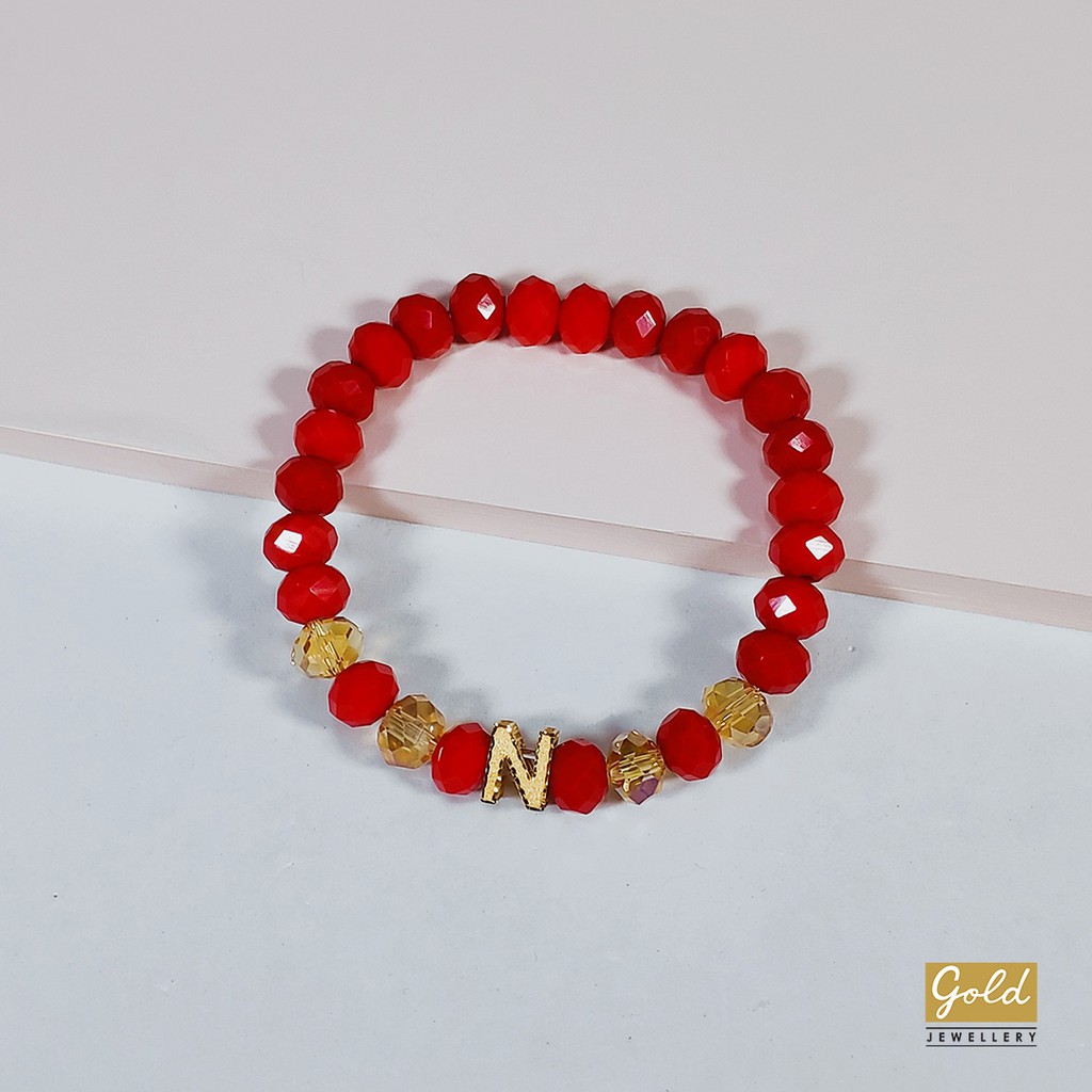 Gelang tali emas kuning kadar 700 70% charm inisial N bsr batu merah