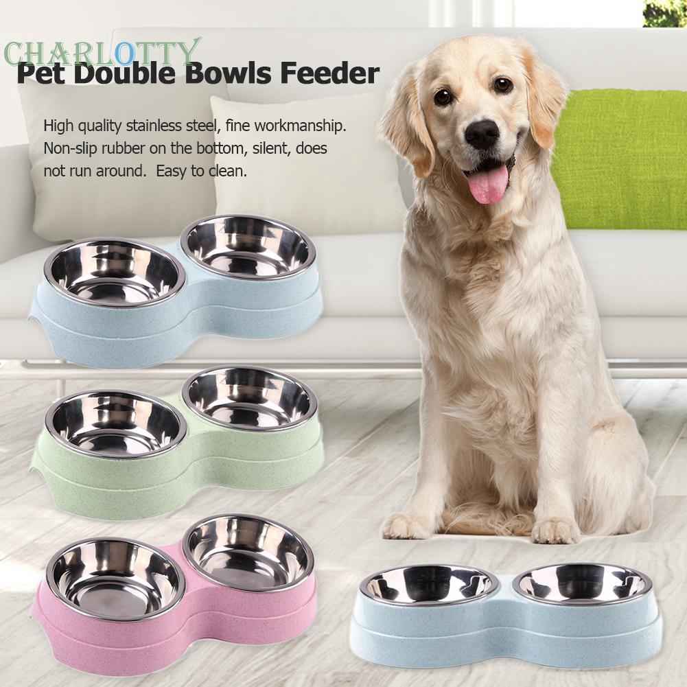 Cha ღpetsღdog Double Bowl Puppy Food Water Feeder Stainless