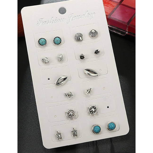 LRC Anting Set Fashion Silver Color Shell Shape Decorated Earrings E90263