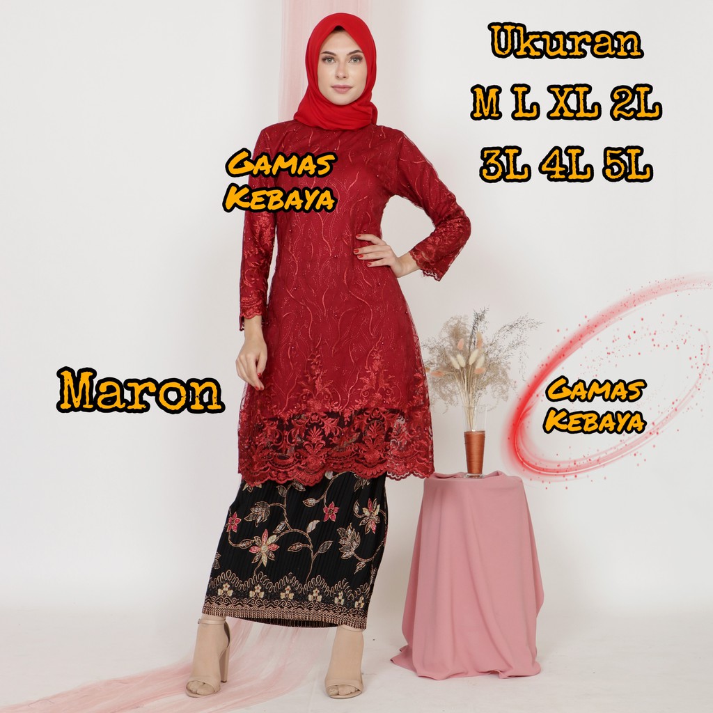 SETELAN KEBAYA TUNIK TILE MUTIARA/KEBAYA MODERN/KEBAYA WISUDA/KEBAYA BRUKAT/KEBAYA JUMBO/BROKAT-Maroon
