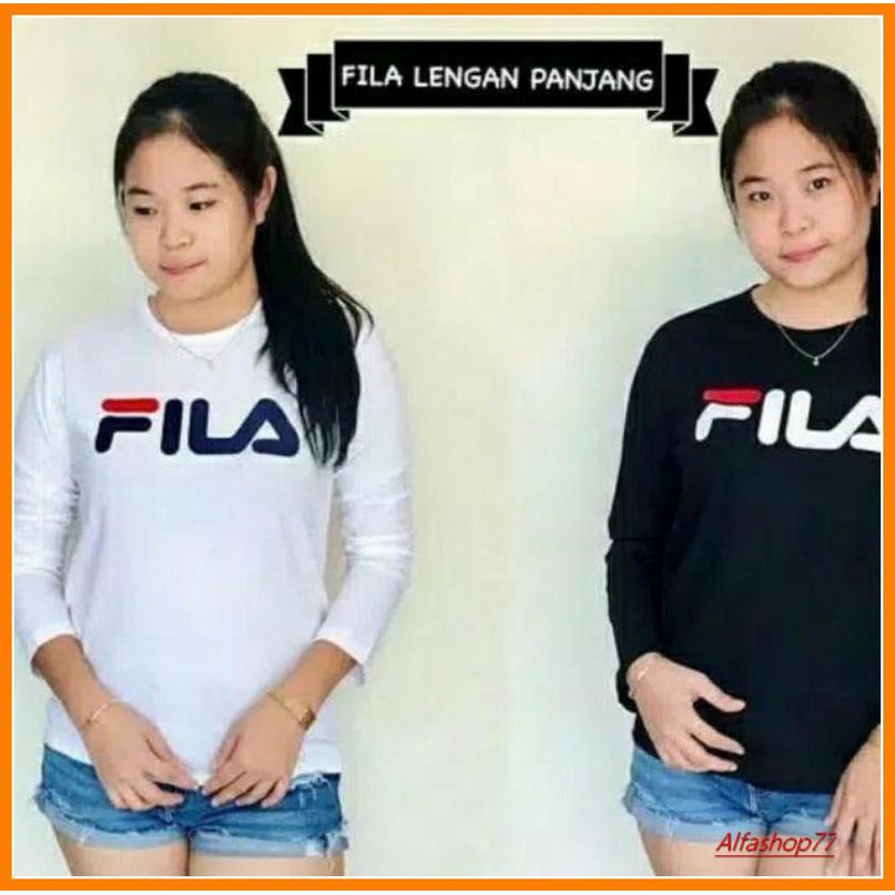 Kaos Fila Wanita Pria Baju Tshirt Murah Cewek Lengan Panjang - Hitam