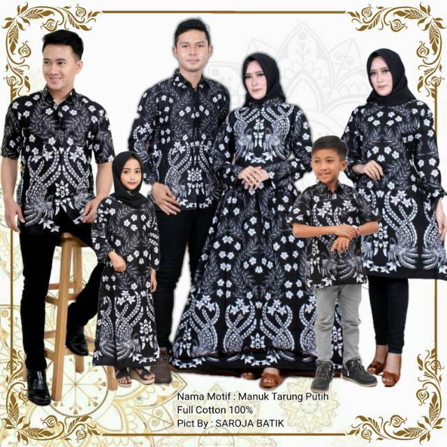 Saroja (085) Couple Keluarga Batik Gamis Batik Katun Premium Motif Manuk Tarung Putih