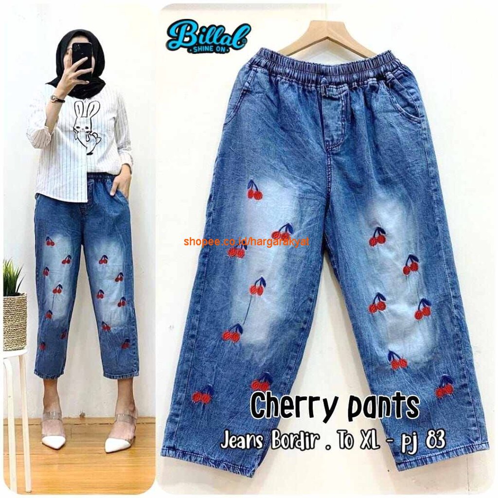 CERY PANTS Celana Jeans Bordir Korean Style Motif Buah Cherry