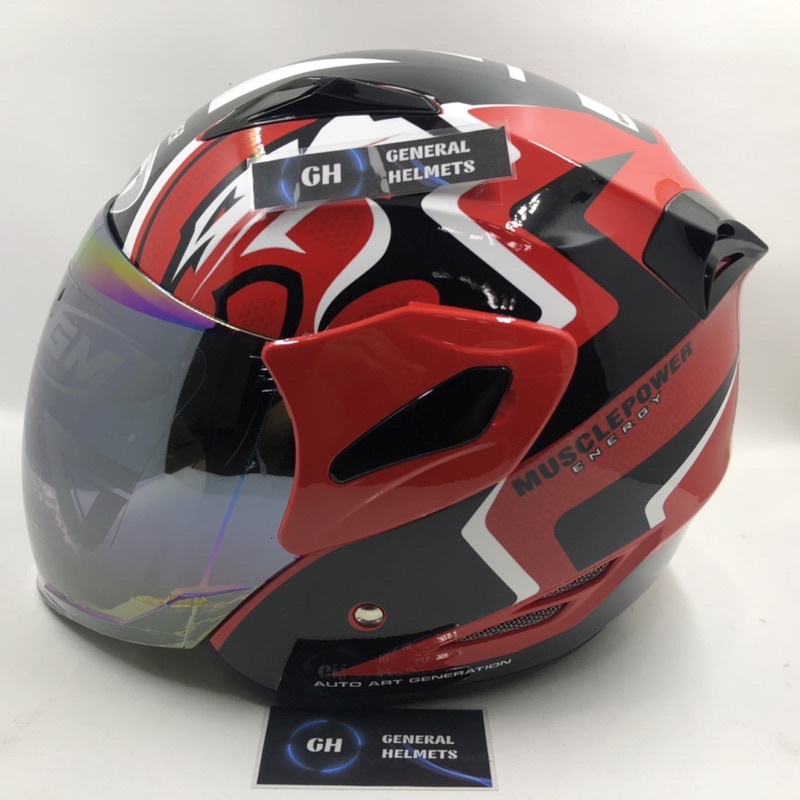 HELM GM FIGHTER MUSCLE POWER RED BLACK GLOSSY MERAH HALF FACE