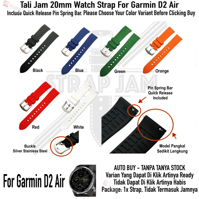 LKG Tali Jam Tangan Garmin D2 Air - Size Strap 20mm Rubber Silikon Quick Release Silver Buckle