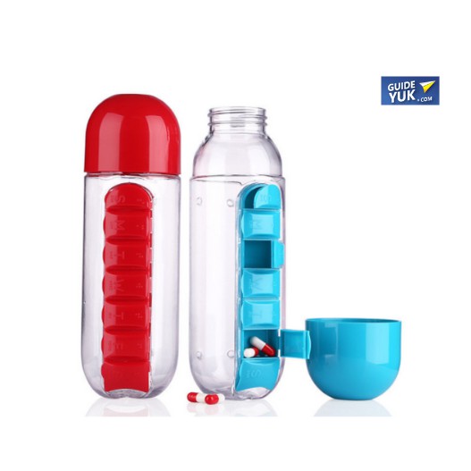 Botol Minum Unik dengan Slot Obat Pill &amp; Vitamin Organizer 600ML [READY STOCK]