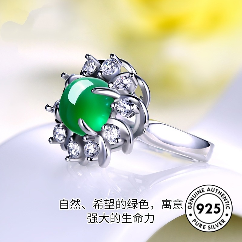 Cincin Sterling Silver 925 Elegan Dengan Batu Giok Hijau Untuk Wanita