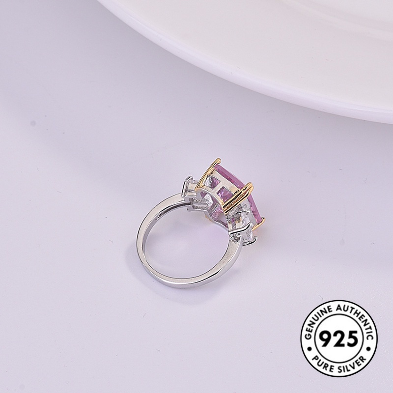 Cincin Silver S925 Hias Kristal Persegi Warna Pink Untuk Wanita