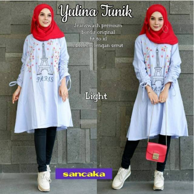 Yulina Tunik, TUNIK WANITA MUSLIM CANTIK BAHAN JEANS WASH PREMIUM MIX BORDIR LD 110 TERMURAH