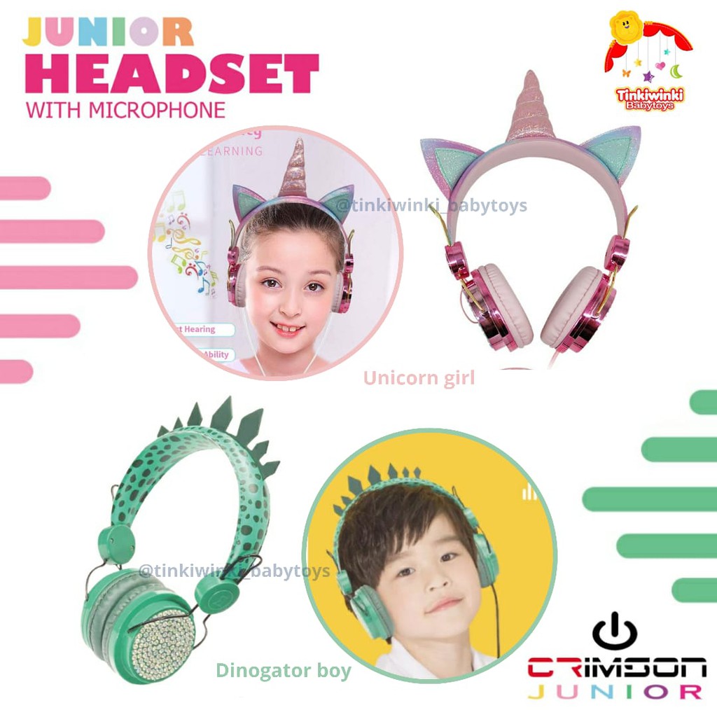 Crimson Junior Unicorn Dinosaur Aligator Kids Headset Anak