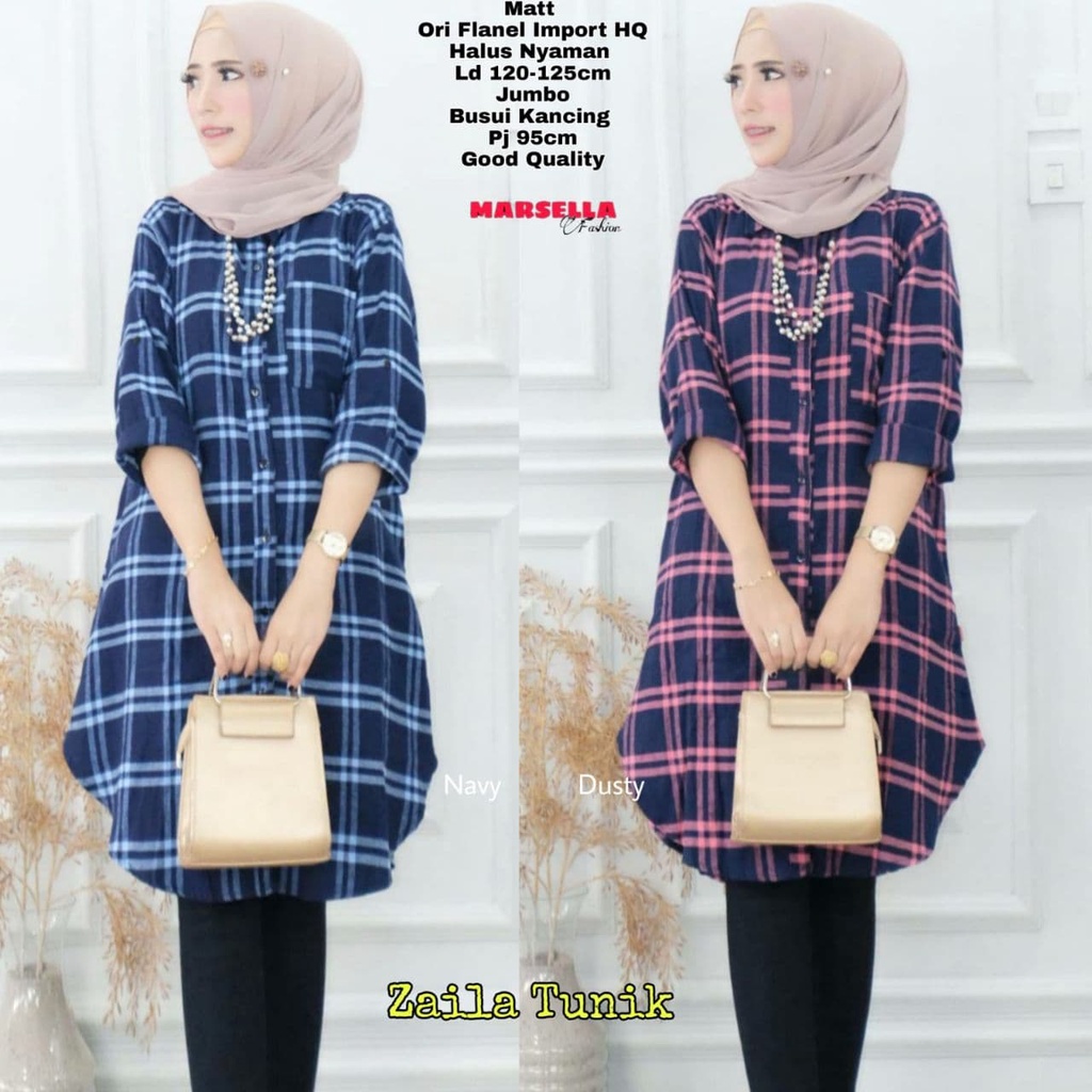 zaila tunik by marsella ld 120-125 allsize busui tunik wanita bahan flanel jumbo bigsize motif kotak