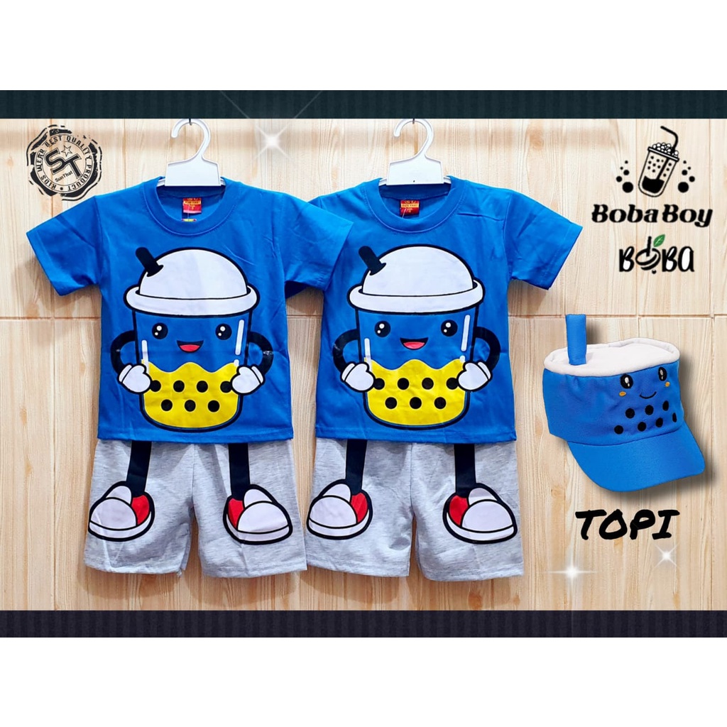 SETELAN BAJU ANAK BOBA MINUMAN BOBA ANAK BAJU ANAK KAOS BOBA WARNA BIRU