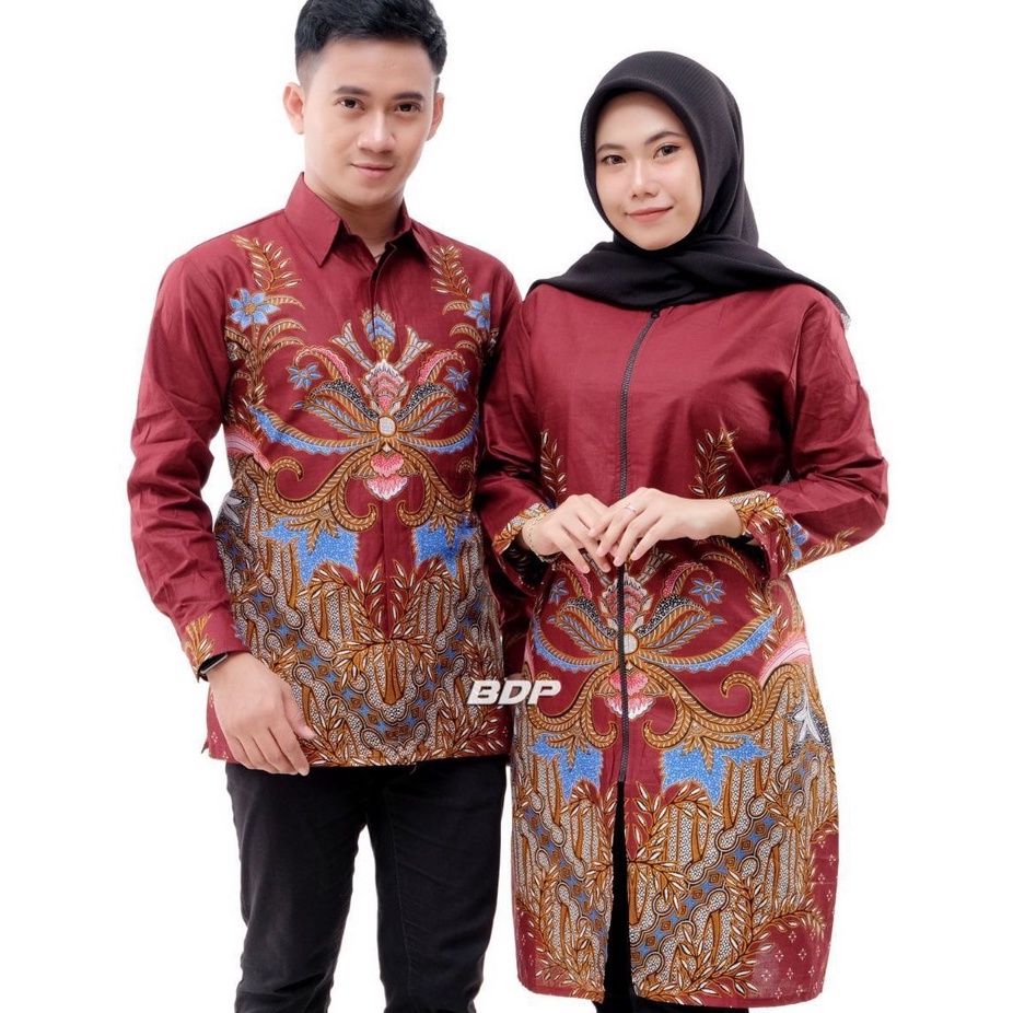 Batik Couple Atasan Lengan Panjang Tunik Wanita Bahan Katun Motif Kelopak Maroon Merah AJ M L XL XXL