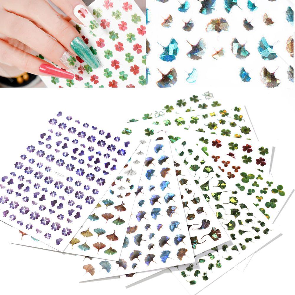 AUGUSTINA Agustina Clover Nail Art Stiker Hijau Hologram Laser Wanita Shamrock Ginkgo Manicure Grass Nail Tip Sliders