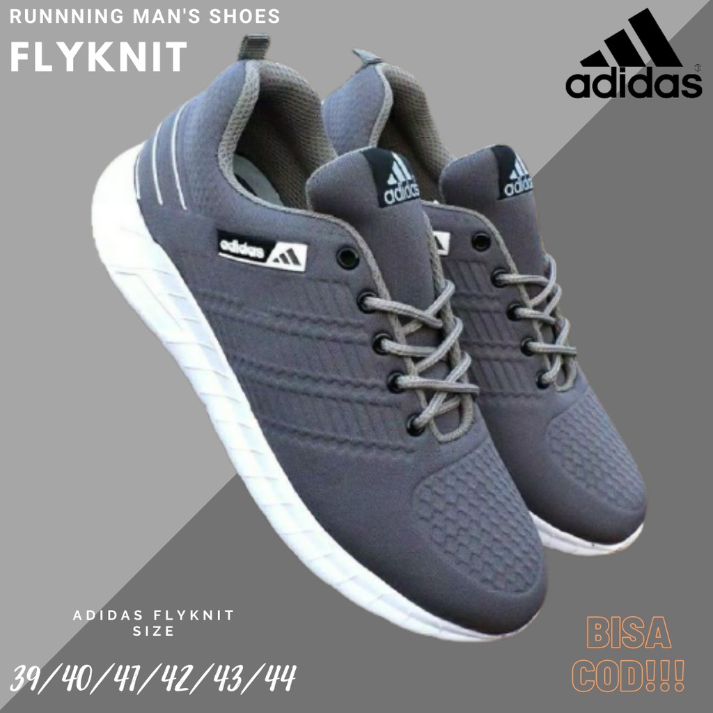 Sepatu Olahraga Pria Adidas Flyknit Abu Sneakers Bertali Kasual Running Jogging Kuliah Outdoor