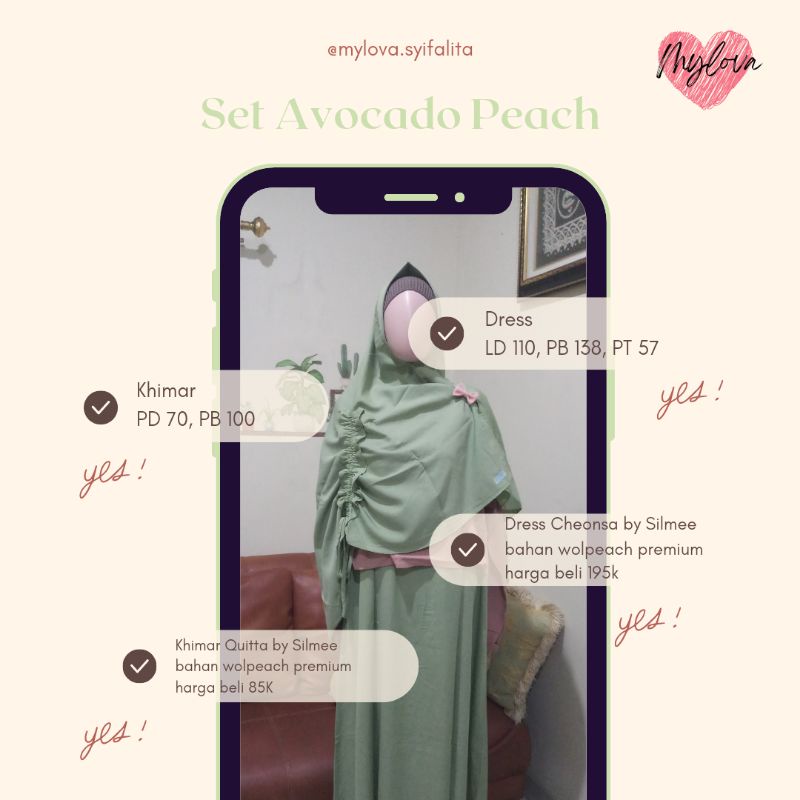 Set Avocado Peach Gamis Silmee khimar silmee
