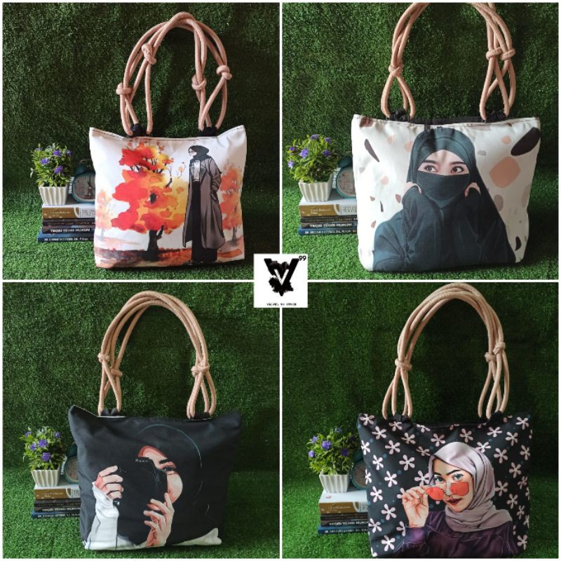 Tas Totebag Kekinian Tali Sumbu Printing Gambar Hijaber Muslim Muslimah