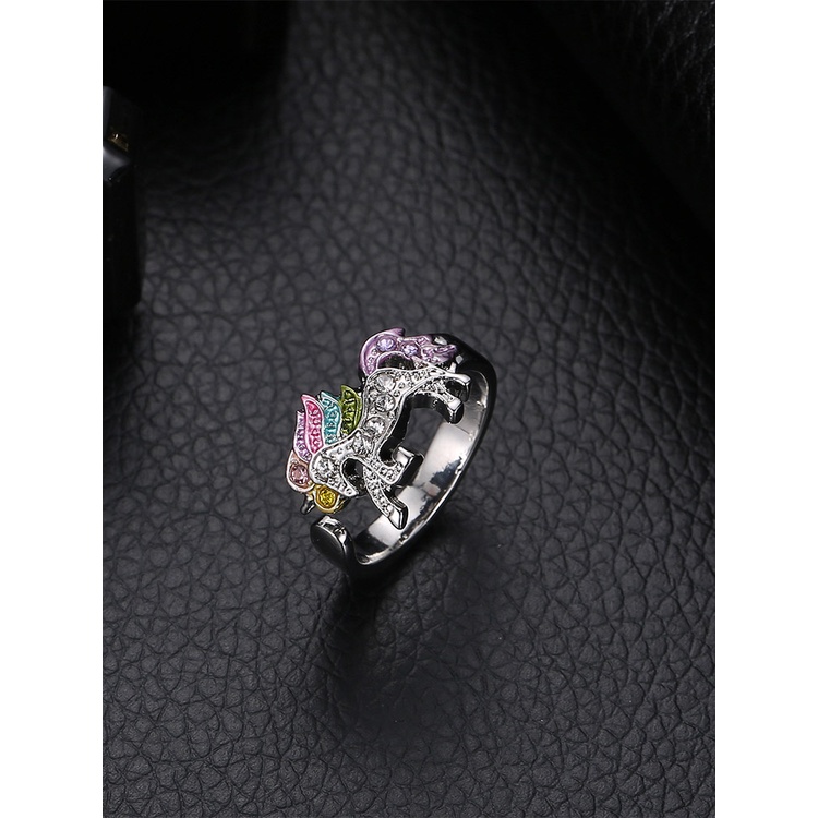 Cincin Model Terbuka Adjustable Desain Kartun Unicorn Aksen Berlian Warna Pelangi