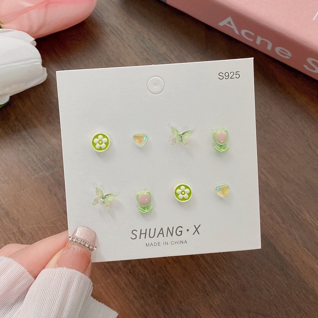 AY(CN) Anting Stud S925 Bentuk Kupu-Kupu Hati Bunga Bahan Resin Gaya Korea Untuk Wanita