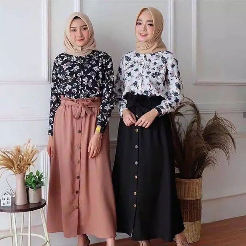 Rok panjang kancing mosscrepe wanita cewek perempuan remaja allsize fit L XL harian santai murah