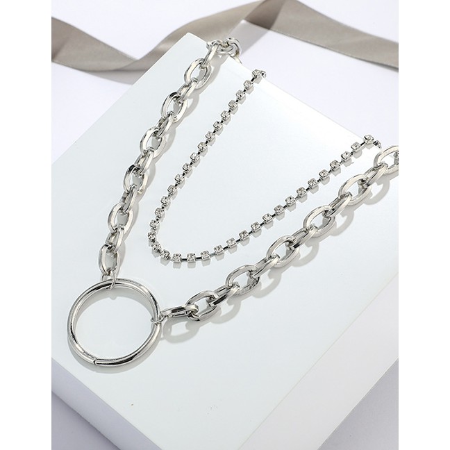 LRC Kalung Fashion Silver Chain Square Diamond Large Circle Multilayer Alloy Necklace F51951