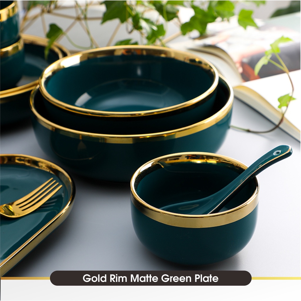 Set 9 &amp; 26 PCS Piring Mangkok Makan Hijau Keramik Pinggiran Emas Cantik Ceramic Mewah Western Steak Gold Rim Plate