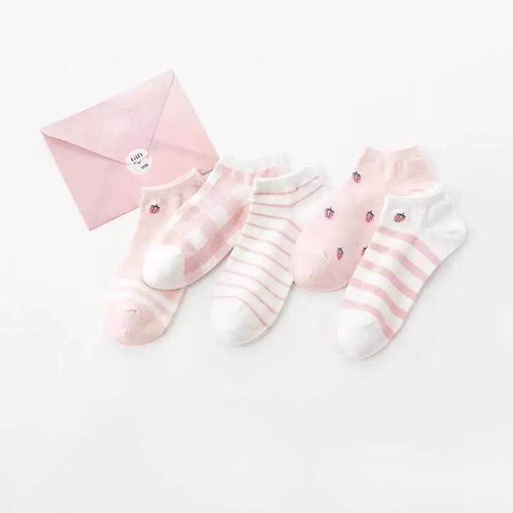 ❀ Chingu ❀ KK028 Kaos Kaki (Tanpa Kemasan) Wanita Tipis Pendek Semata Kaki Motif Kotak Pink Strawberry Fashion Korea Women Sock Import Murah