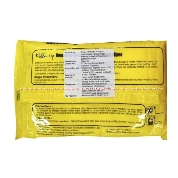 Kleen Up Household Cleaning &amp; Disinfecting Wipes 30pcs Tissue Basah Kuning Tisu Pembersih Serba Guna Kleen-up Kleenup House Hold Wet Tissu