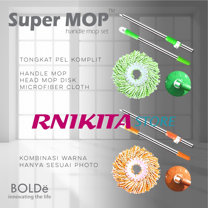 BOLDe TONGKAT, HEAD MOP, KAIN PEL - Alat Pel Modern Supermop Komplit 1 Set