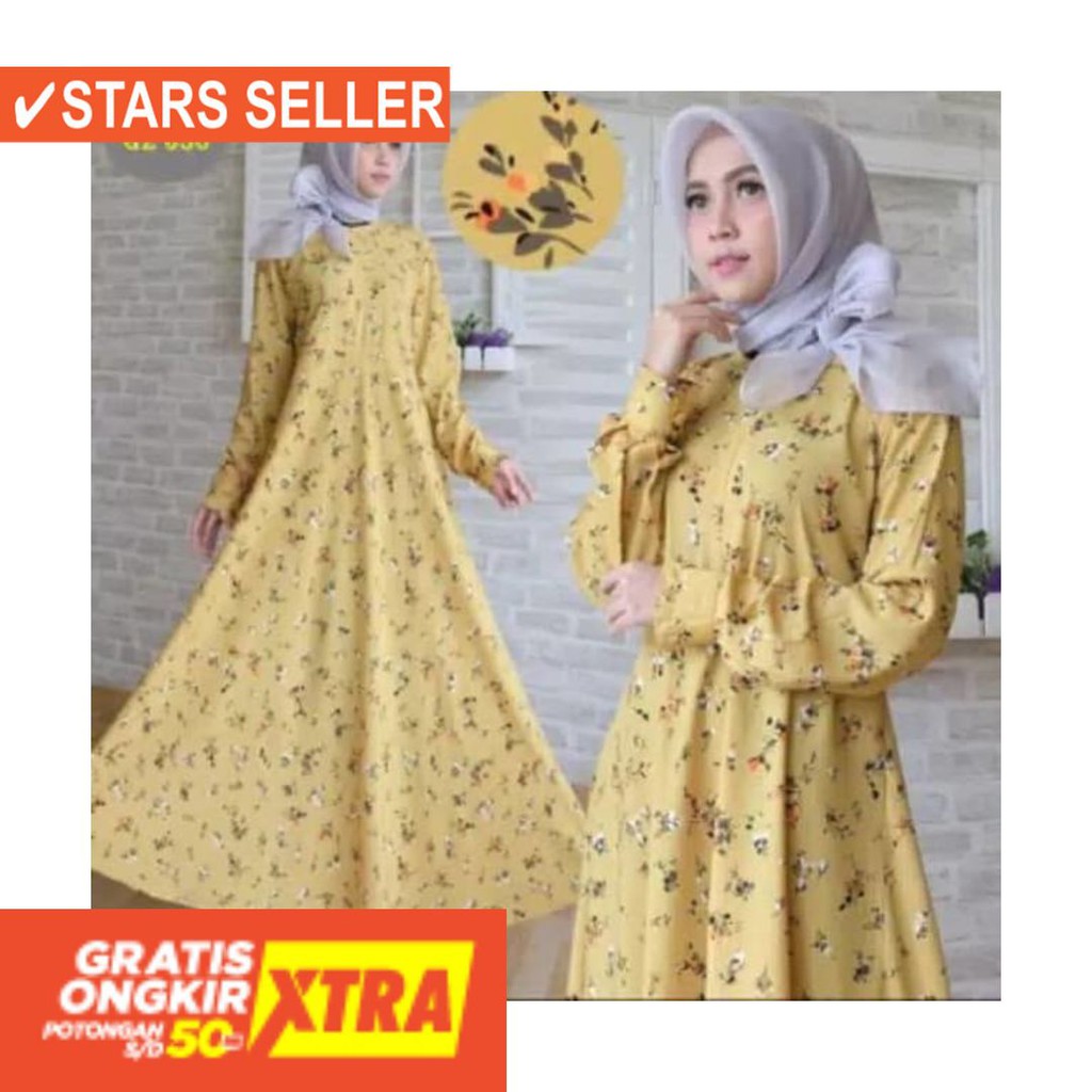 BAJU MUSLIM TERKINI TERBARU WANITA MURAH CEWE ASLI / Baju gamis trend yellow flower 2019